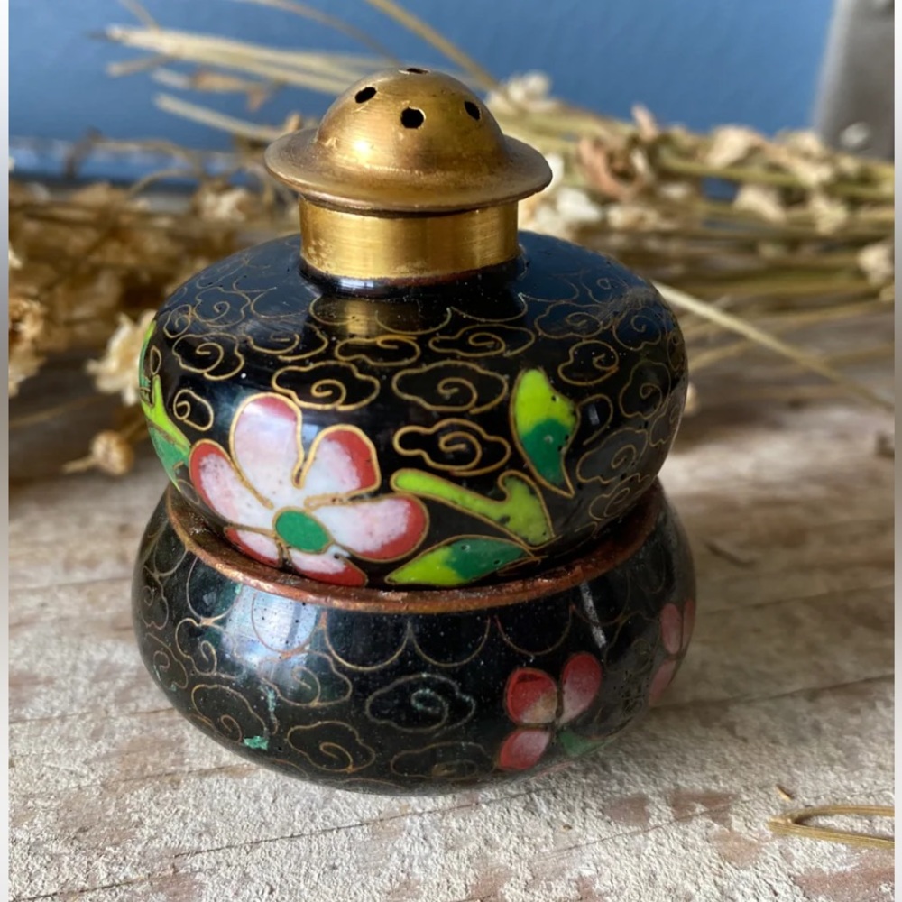 Vintage Cloisonné Print Salt & Pepper Set Chinese Glazed Pottery Shakers Cellar